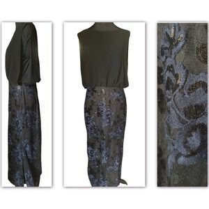 Karl Lagerfeld Elegant Black and Blue Floral Sequined Lightweight Dress Gown